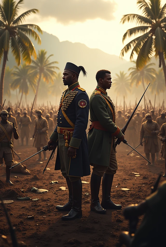 Show at Toussaint Louverture, Jean-Jacques Dessalines and other Haitian leaders, against the backdrop of a battlefield, palm trees and mountains.