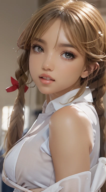 8k,RAW,masterpiece,(Photo: 1.2), (realist: 1.3), (of the highest quality: 1.3). 4), ultra high resolution, half body shot, realistic eyes, (detailed eyes), (detailed facial features), (detailed characteristics of clothing.), 8k resolution, Alone, Beautiful 20 year old woman, thick and fleshy lips, beautiful detailed clear eyes, beautiful, by platinum ruby, Braided hair, with red bows at the ends (Realistic skin), beautiful skin, Enchanting, ultra high resolution, ultra realistic, High Definition, White shirt (semi transparent)translucent unbuttoned very open (showing off big breasts), big breasts, cinematic lighting, perfect, luz outfit, High resolution skin: 1. 2, Realistic skin texture, nice bedroom background,great smile showing white teeth,kkw-ph1,