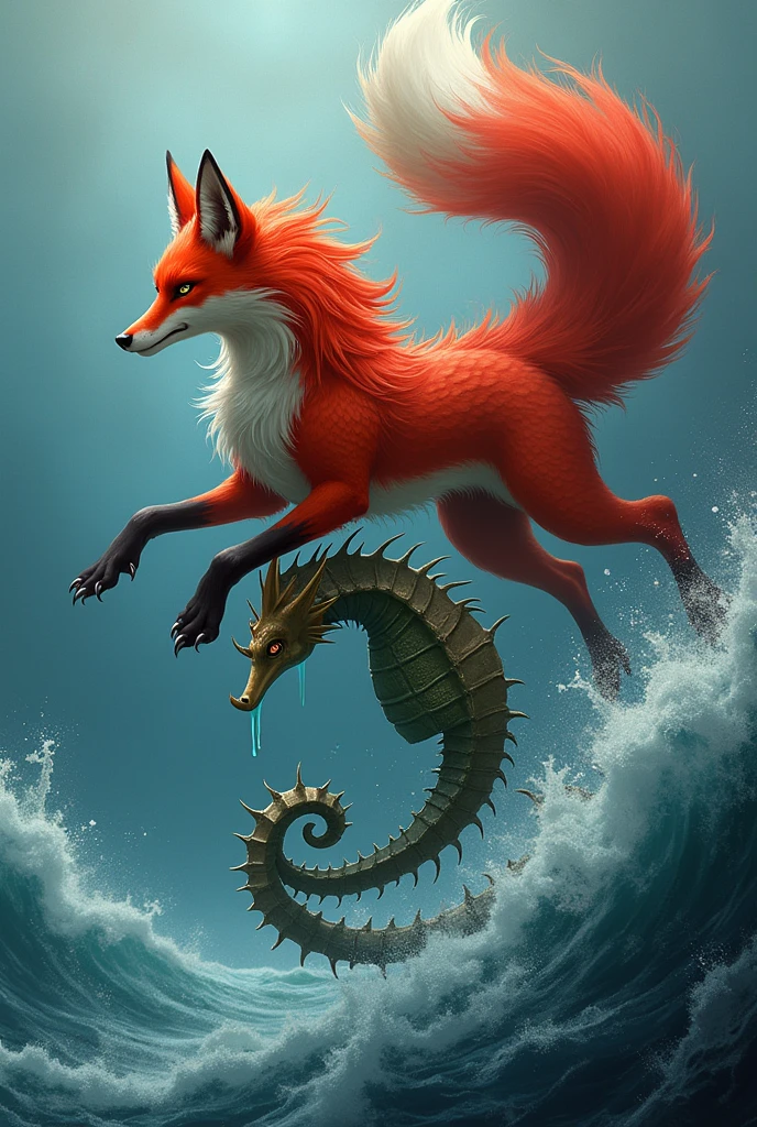 A nine-tailed fox on a seahorse and the seahorse crying and very sad 