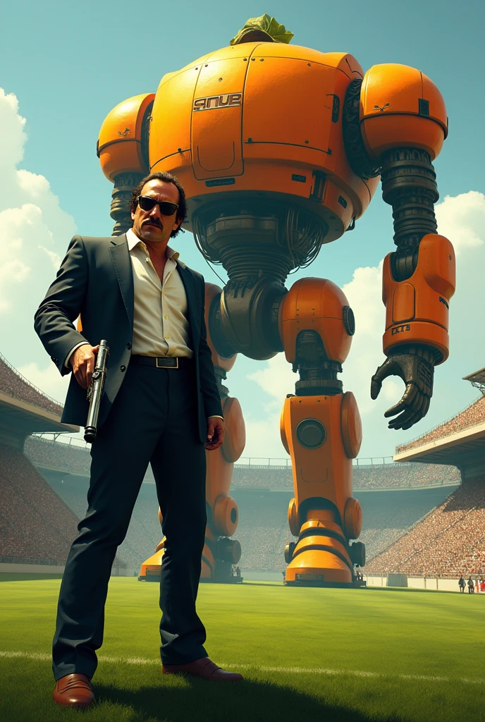 Pablo Escobar holding gun on football field in front of giant mechanical tangerine