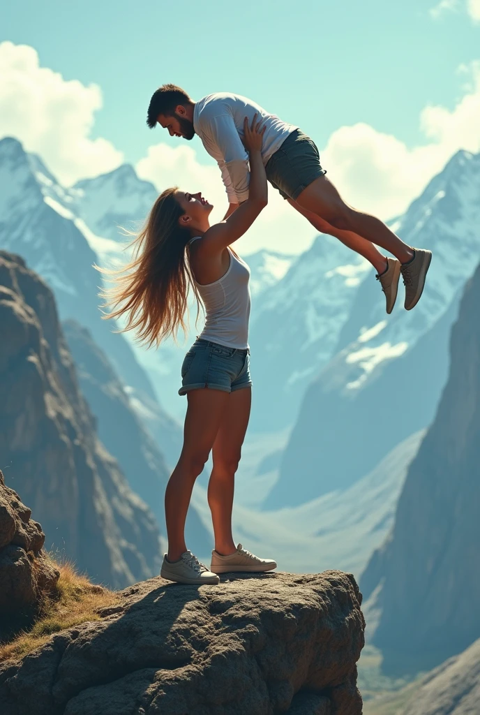 Beautiful 18 year old Caucasian girl lifting a large man over her head with her strong arms. Mountains are in the background