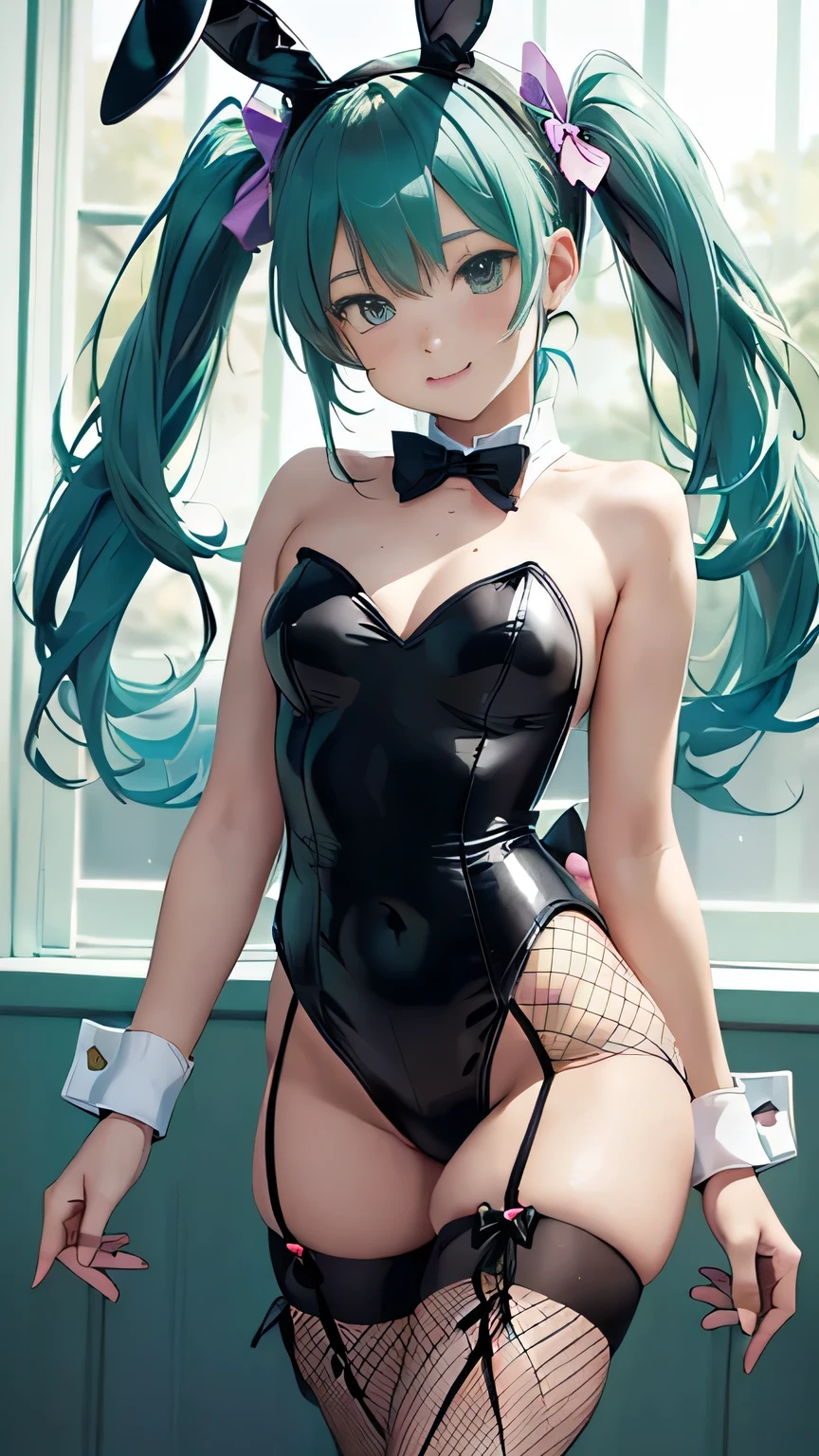 hatsune miku, playboy, fishnet stockings, rabbit hole vocaloid, small breasts, bunny ears, high quality