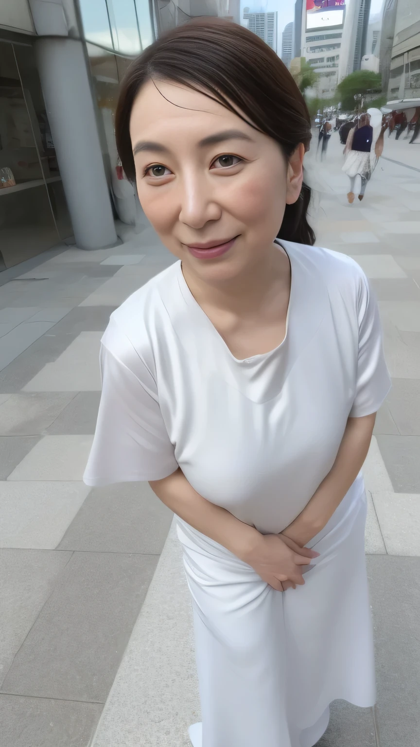 Browsing Caution, ((Highest quality)), ((8k)), ((masterpiece:1.3)), (Perfect appearance), (Photorealism:1.2), ((Woman standing in the middle of the city)), Japanese women, (47 years old), Married women, ((High quality skin texture1.2)), (Age-appropriate skin problems:1.2), (Dullness), Moisturized Skin, (Facial wrinkles), (Wrinkles around the eyes:1.1), double eyelid, Lower eyelid tear trough, (Crying Kuroko), hair slicked back, ponytail、Lightweight blouse with a wide neckline, Flared long skirt, Smiling Kindly, (Stand with your legs shoulder-width apart), High heels, ((whole body)), (Standing position), I can see the vagina, (Ultra low angle:1.4), (Angle from directly below:1.4),