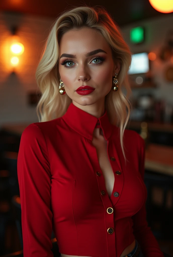 photo of extremely sexy (jg_Ashleyresch:0.99), a woman as a sexy student, closeup retrato upsweep updo, (red fitted blouse with high neck and long sleeves), in a cellar bar (Artwork:1.5) (photorrealistic:1.1) (bokeh) (best quality) (Detailed texture skin, pores, hair blonde) (Intricate) (8k) (HDR) (wall-paper) (cinematic lighting) (sharp focus), (eyeliner), (painted lips:1.2), (earrings) strong makeup and red lipstick 