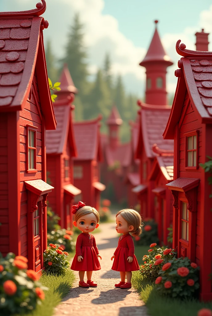TURURULANDIA A TOY COUNTRY, RED DOLLS NEXT TO THEIR RED HOUSES, THE GREEN IN GREEN HOUSES, etc