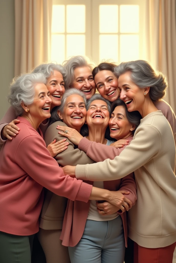 eight friends senhoras de idade, Juntas, hugging each other, happy, eight friends