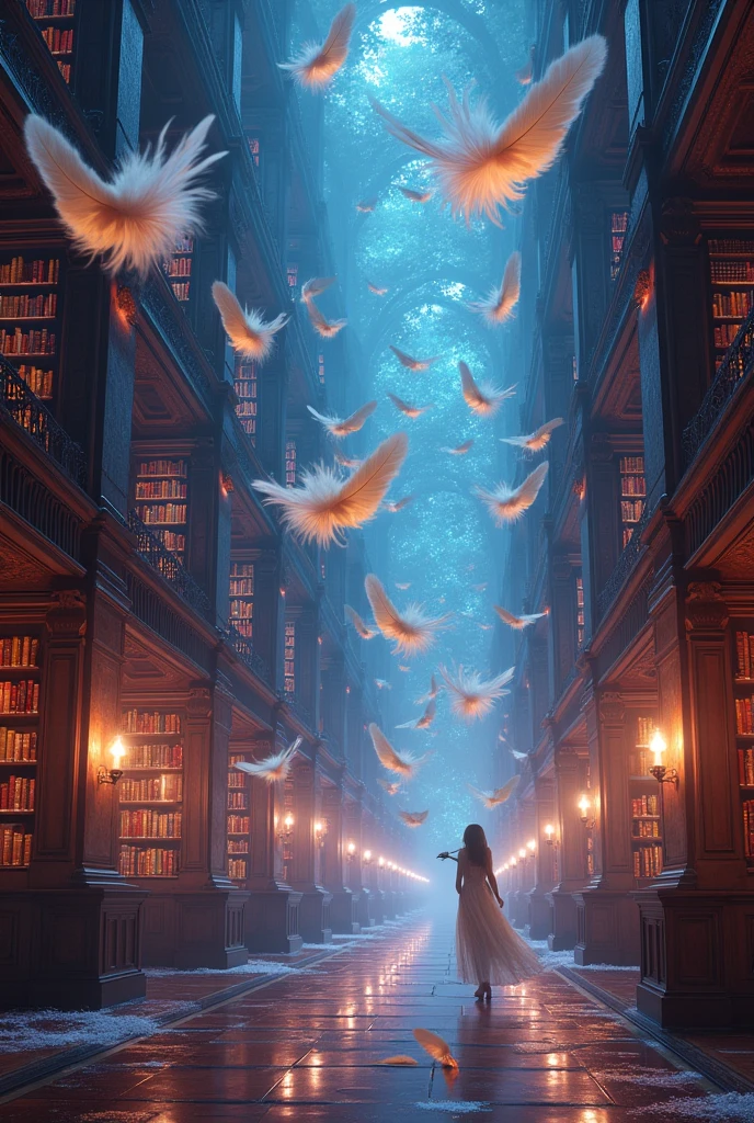 A library full of magic and dreams, like colored lights and flying feathers