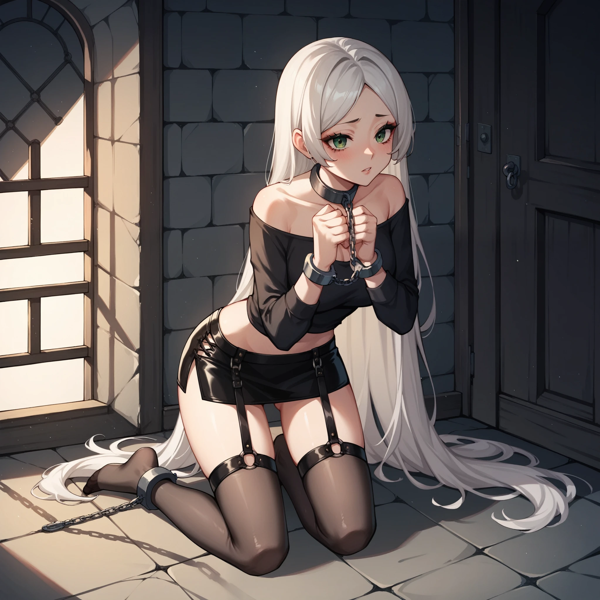 check_9, check_8_up, check_7_up, check_6_up, check_5_up, check_4_up, source_anime, 1 woman, get down on your knees, White hair, straight hair, Very long hair, submissive look, WW chain, shackles, Came down with a weapon, doors, clean hair, black top, Long sleeves, Short skirt, Short, thigh high black nylon stockings, dungeon, night, Best quality, better resolution, 4k uhd, Is on my knees, leather collar on a strap, lean girl, Thin legs, long eyelashes, mascara, pomade, babyface, leather handcuffs on wrist straps with chain, Shackled Hands, hands together, leather handcuffs on straps shackled the ankles of the legs
 