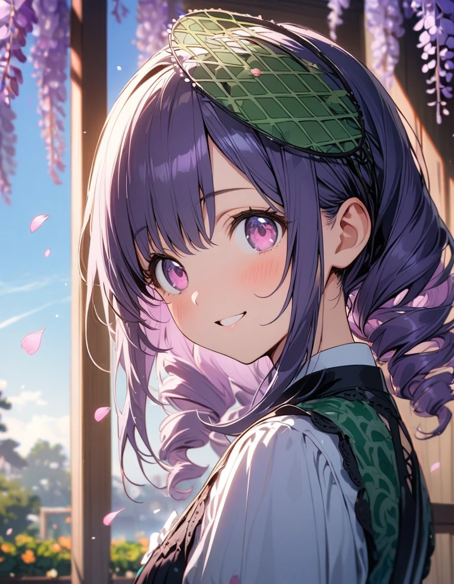1 girl,solo,16yo,amazing quality, aesthetic, aesthetic,ultra-detailed face,detailed eyes,round eyes, tareme,pink eyes,BREAK,Green fascinator,Purple wisteria pattern Green Lolita fashion,BREAK,Purple Hair,drill hair,depth of field,wisteria trellis,blue sky,(petals:1.3),masterpiece,8K,top quality, highly detailed illustration,smile,rim light