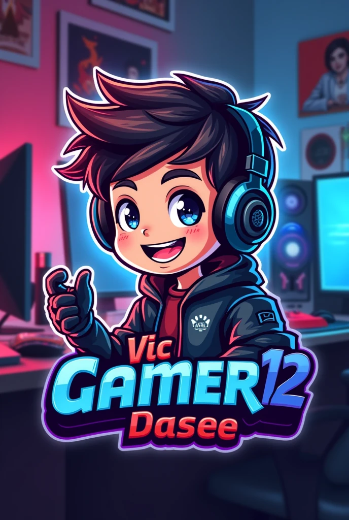 Believe me with the name of"Vic Gamer12" a mascot logo where the mascot is a gamer boy with a Gamer setup background and at the bottom with the name Vic Gamer12