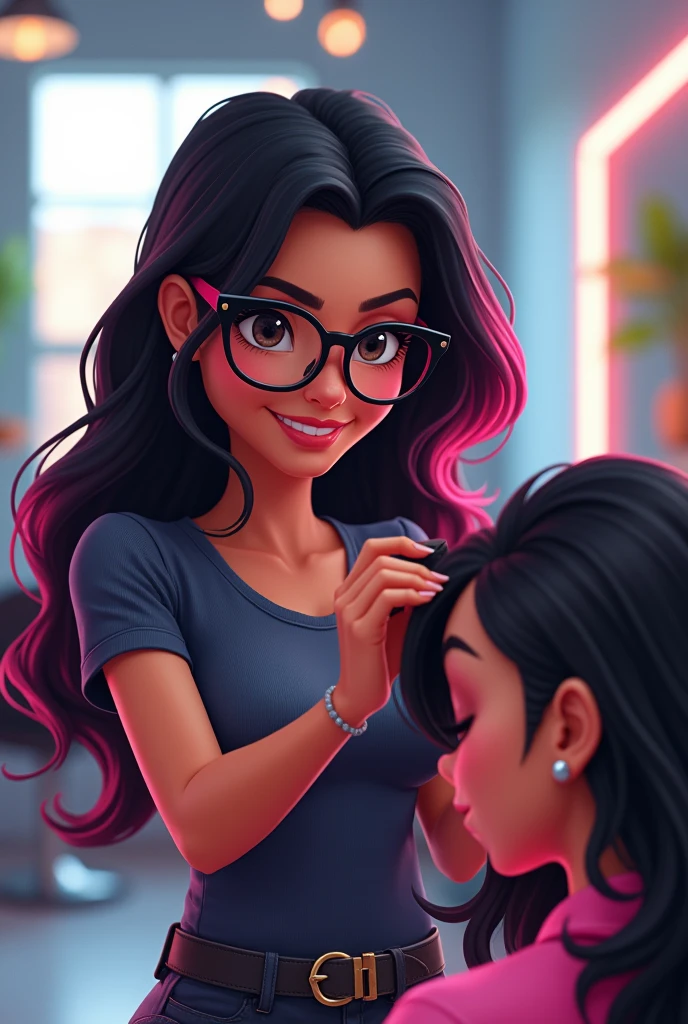 animated image of latina woman, stylist with long black hair, Large black and pink lenses, pink highlights, cutting another woman&#39;s hair