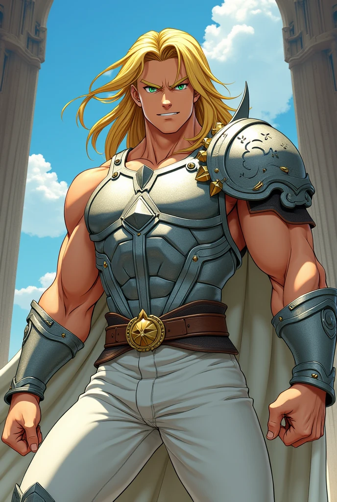 fair-skinned male, greeneyes, angry look, blonde hair long, wearing a white tank top, wearing white pants, wearing silver chest armor, Knights of the Zodiac style, anime styling, Full-body image 