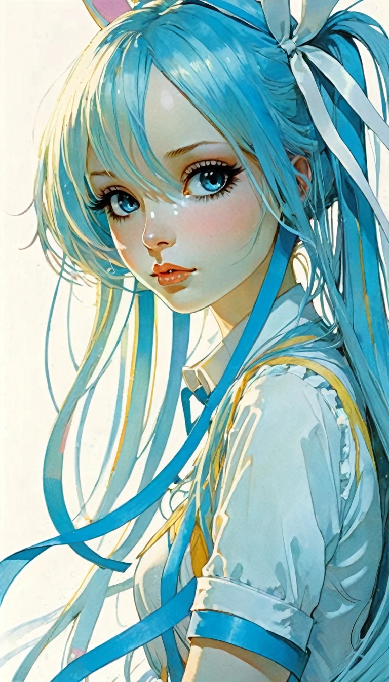 Image resolution 1024px Alice ribbon light blue white, light line, image resolution 1024px, Kawaii, cute, long hair, pretty, anime, sexy, pastel, neon, art inspired by Bill Sienkiewicz and Dave Mckean
