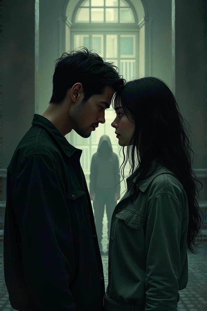 A drawing of a couple with a mysterious guy in the background 