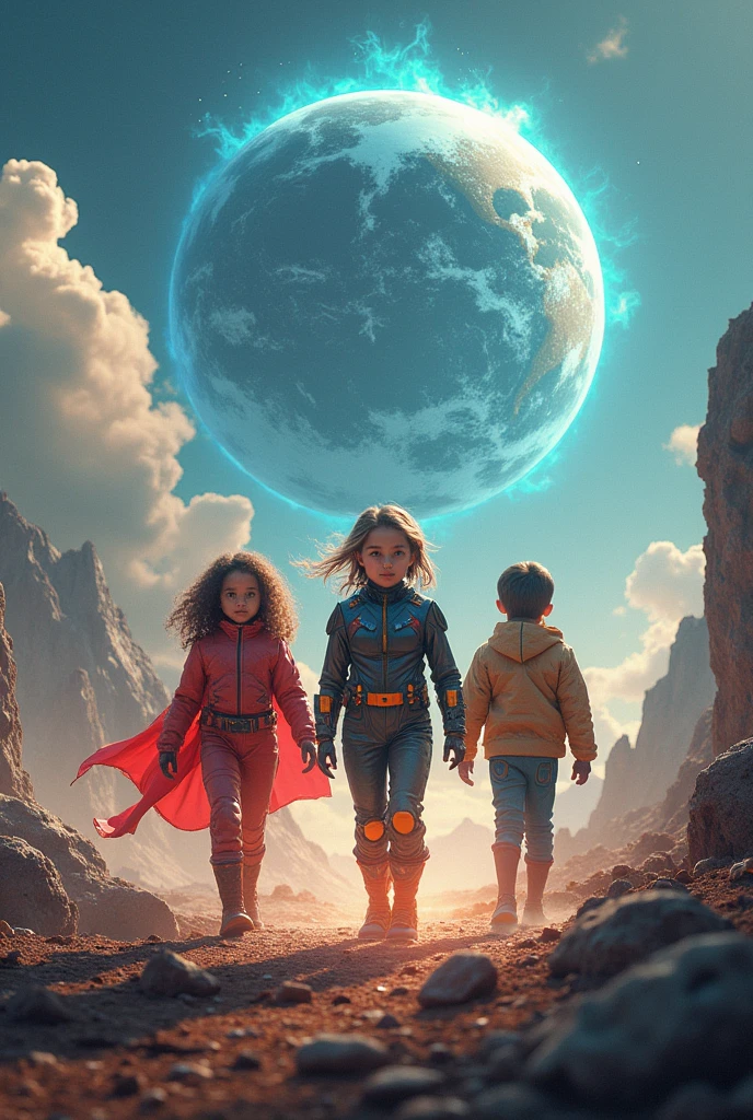 Planet affected by climate change with children trying to help it. Children are superheroes and climate change is a villain