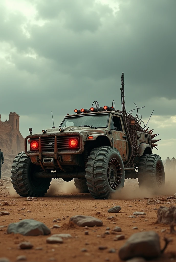 (best high quality:1.5), work of art, (8k), extremely detailed, (High details:1.4), "Create an image of an apocalyptic car in a desolate setting. The car is covered in makeshift armor, with barbed wires and rusty metal plates. Huge wheels with spikes and ominous red lights. The surrounding scenery is arid and full of ruins., with a cloudy and dark sky. Ao fundo, shadows of other vehicles and mysterious figures lurk among the wreckage."