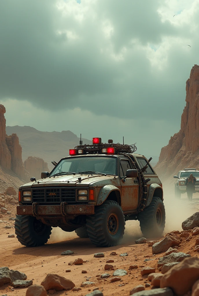 (best high quality:1.5), work of art, (8k), extremely detailed, (High details:1.4), "Create an image of an apocalyptic car in a desolate setting. The car is covered in makeshift armor, with barbed wires and rusty metal plates. Huge wheels with spikes and ominous red lights. The surrounding scenery is arid and full of ruins., with a cloudy and dark sky. Ao fundo, shadows of other vehicles and mysterious figures lurk among the wreckage."