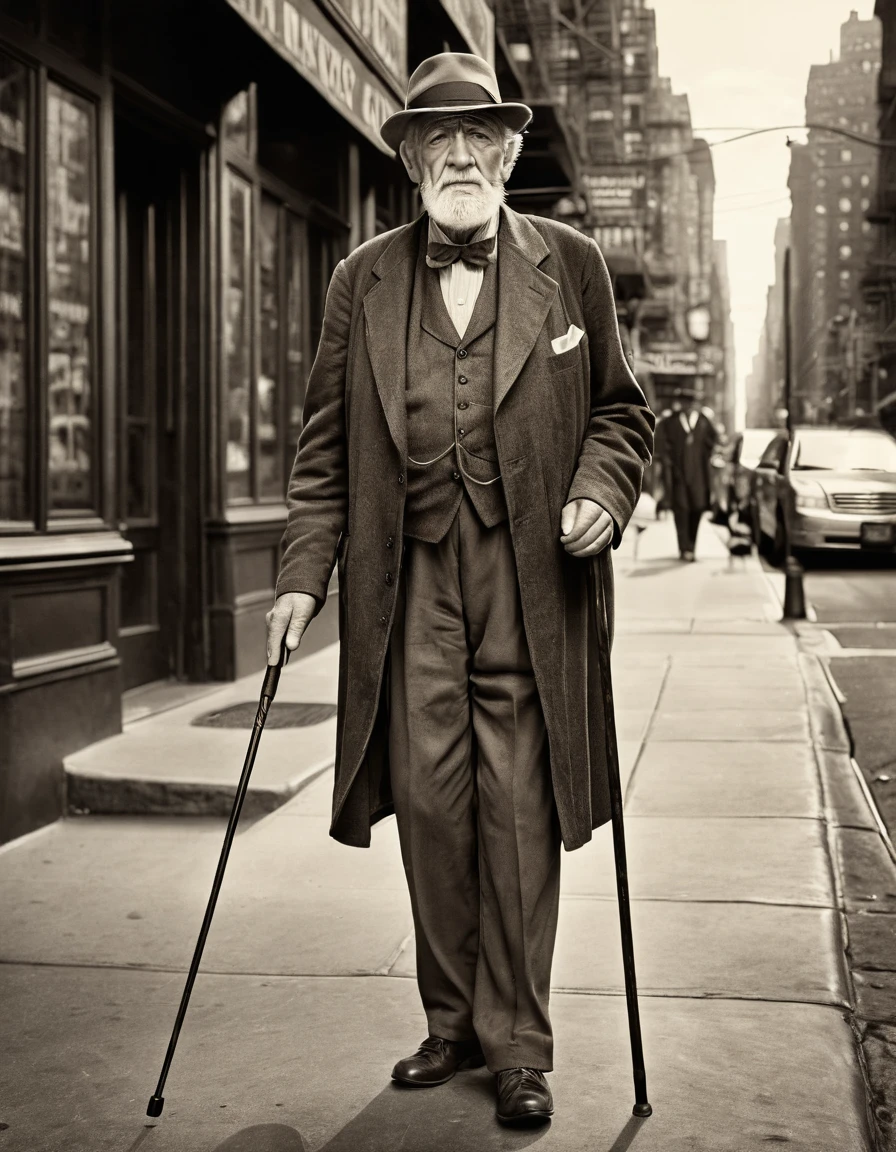 A portrait of an old man with a cane walking on the streets of New York, tom sepia, early 1900s style, photorrealistic, high resolution, 1900s