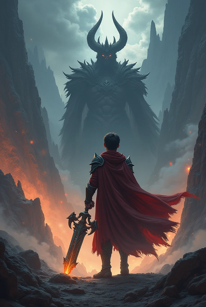 Young hero fighting the demon king