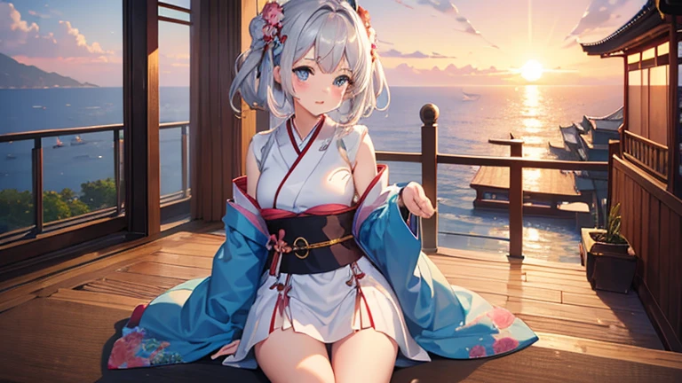 1girl in, Silver Shorthair, sky-blue eyes, kimono skirt, shrines, Cute, blush, medium breasts, Sunset, Best Quality++, Highest Quality++