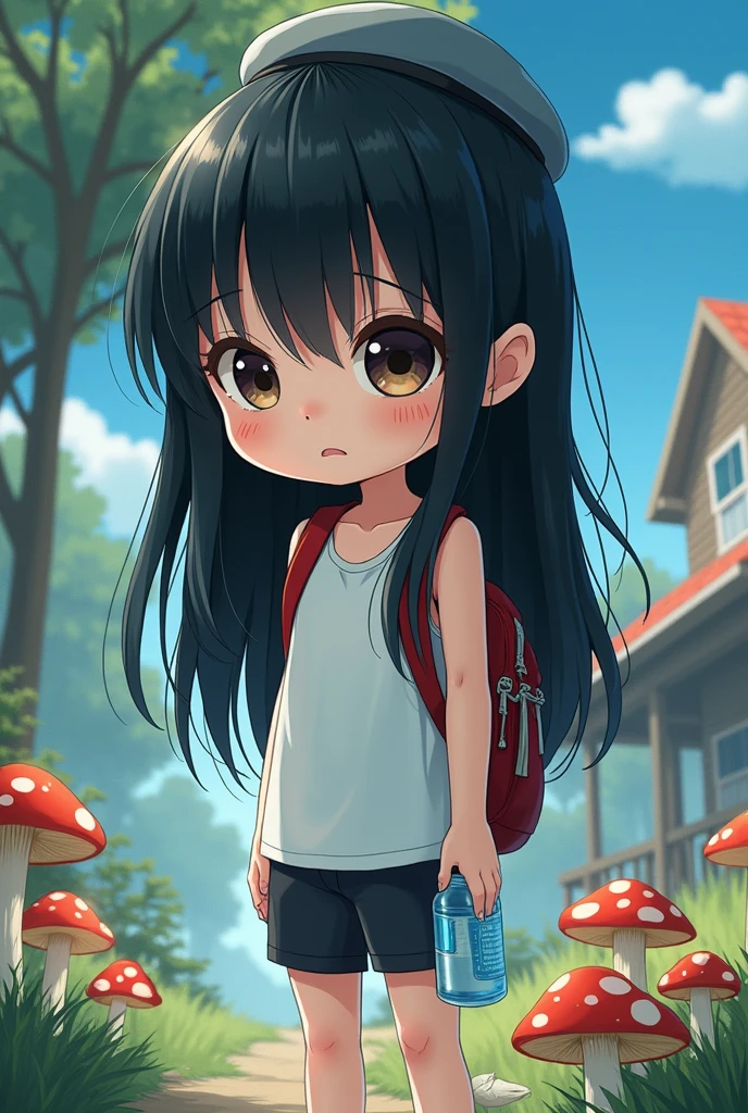 (8k, RAW photo, best quality, masterpiece, highres, absurdres, ultra detailed:1.3), (Photography, realistic, photo-realistic:1.4), (beautiful natural lighting, beautiful deatailed shadow, beautiful detailed glow :1.4), atmospheric,
BREAK Sadako,wet Black Hair,((yamamura sadako)),1 beautiful girl,(kawaii:1.5),(Chibi:0.5),(cute:2),(Loli:2),(5year old girl),(flat breasts:1.65),(A detailed eye,Tsuriformes:1.2),(black hair,Long ha,Deco:1.8),star eye silhouette,(long eyelashes, Double eyelids:1.2),cleavage,(beautiful skin,shy skin:1.2),Shy,Erect,(ghostly atmosphere,sad face, resentful face:1.25) BREAK
(white tank_top, hotpants, backpack,beret:1.4), (drinking, sweatdrop, outdoor, summer, mountain, mushroom,Shiba Inu drinking water, Little bird, busy:1.2), (wariza,holding water bottle:1.4), standing, In a western country town, BREAK
,
BREAK wakame,wakame,wakame,(cowboy shot,from side:1.4) BREAK manga illustration.media,manga style,(ultra rich intricately proper sketch+pastel+airbrush+colored pencil:1.1),(ultra highres composition details:1.2), (delicate illustration), (pastelcolor style illustration:0.9), (watercolor style illustration:0.4),