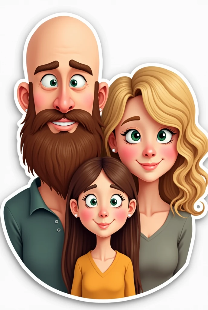 A family, A white man, Cao Cao, almost bald, brown beard, greeneyes, next to a white woman de greeneyes com o cabelo castanho-acobreado, straight and without bangs parted in the middle, next to a white woman, greeneyes, curly and blonde hair, illustration style, sticker
