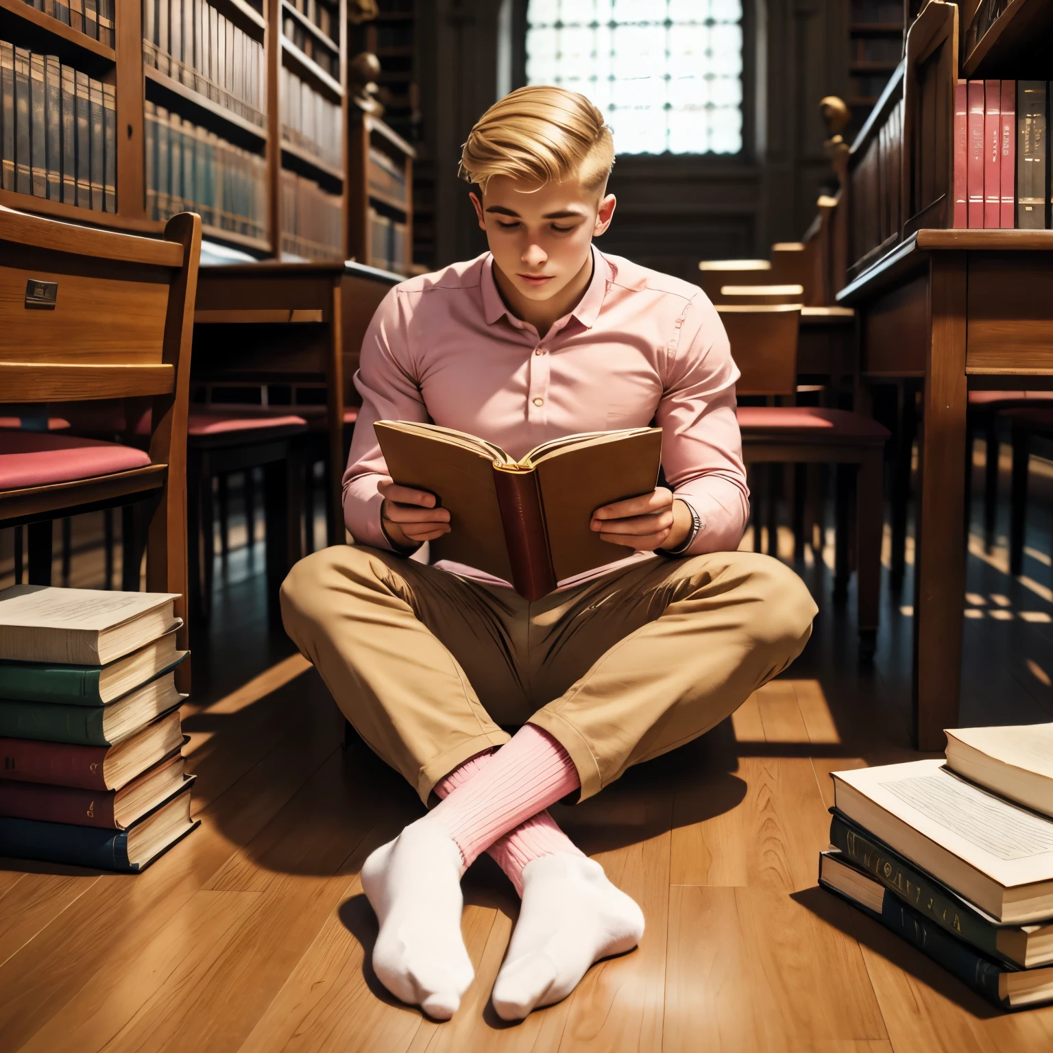 full body view, a young blonde handsome white french guy with undercut preppy haircut, brown eyes, strong pointed nose, wearing light-pink shirt, beige chino preppy pants, in light-pink socks, no shoes, golden signet ring, studying at the library of french university, reading books, seated alone in his pink socks at his table, a pair of brown suede shoes is abandoned under the table, other students studying around at other tables