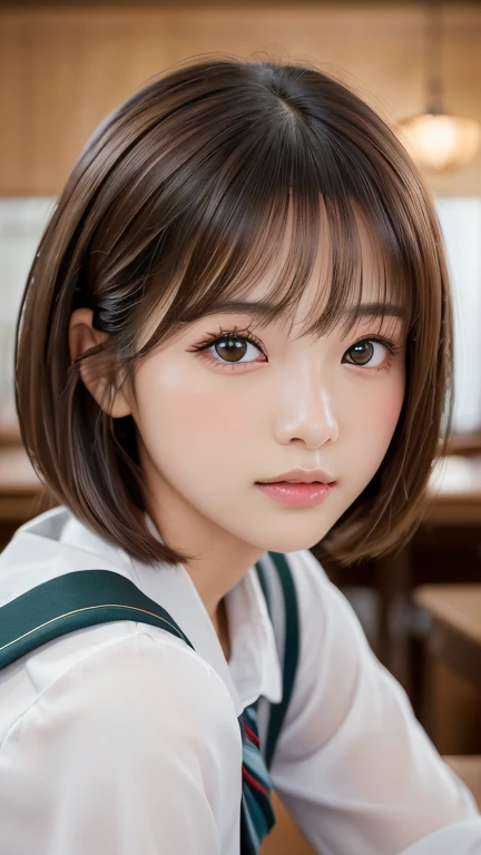 (Tabletop:1.3), (8k, Realistic, RAW Photos, Highest quality: 1.4), Japanese, (One Girl), Beautiful Face, (Realistic Face), (Black Hair), Beautiful hairstyle, Realistic eyes, Beautiful attention to detail, (Realistic Skin), Beautiful Skin, Charm, Ultra-high resolution, Surreal, Very detailed, Golden Ratio,school uniform.blush、Bobcut、