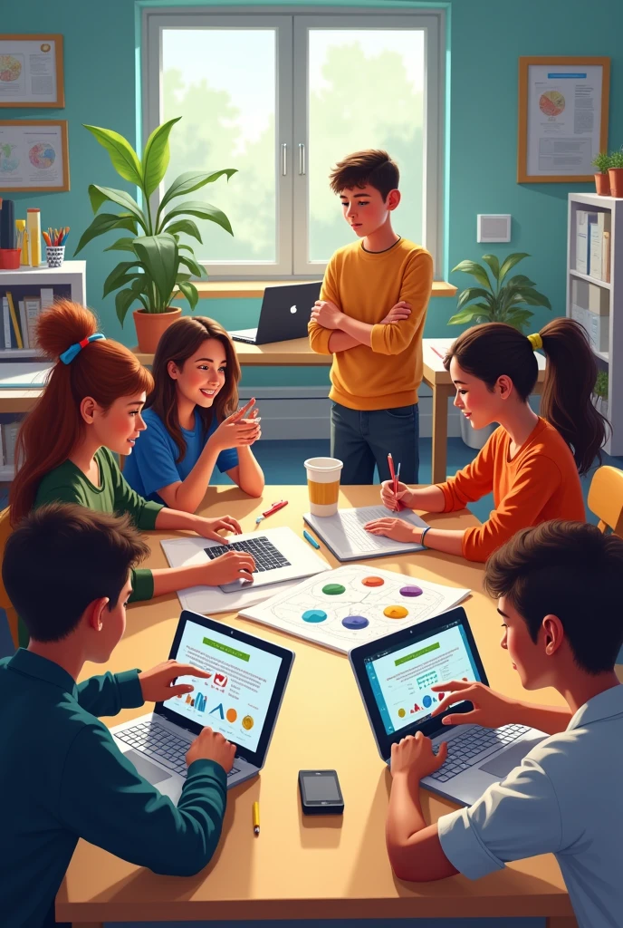 Active classroom scene*: It shows a group of students working as a team on a project., using various materials (as tools, computers or blades). This reflects collaborative learning.