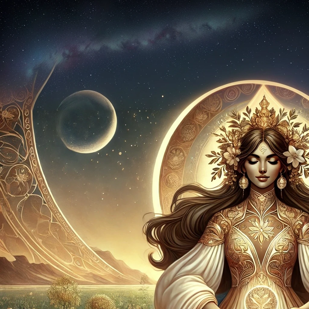 Create a mystical portrait of the goddess Isis, drawing inspiration from ancient Egyptian mythology. Portray her as the divine mother of the cosmos, exuding an aura of love and creation. She should be depicted surrounded by cosmic elements—roots, buds, leaves, flowers, and seeds—symbolizing all that exists. Her appearance is regal, with an ethereal crown signifying her status as the Queen of Space and Night. Her eyes are closed, serene and loving, as if in a deep trance. Capture the moment where the viewer is kissing her eyes, drinking the dew from her lips, and breathing in the sweet fragrance of her divine essence. The background should feature a vast, starry desert night sky, filled with radiant stars, representing the eternal essence of Nuit. A subtle, mysterious veil covers part of her face, alluding to the sacred mystery that no mortal has unveiled. A coiled serpent, symbolizing purity and power, should subtly encircle her, adding to the aura of divine mystique. The overall atmosphere of the portrait should be mystical, awe-inspiring, and deeply reverent.