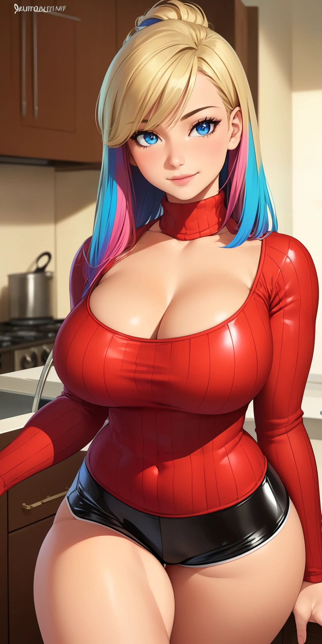 (Best Quality, ultra detailed, photorealistic: 1.39), bright and vibrant colors, studio lighting, romantic expression, smile of love, big breasts, Beautiful busty ((1 cute and beautiful girl, blue eyes)), ((multicolored blonder hair with bangs))Extremely sexy body, ((Red fitted sweater with high neck and long sleeves.)), ((Black latex shorts.)), shy smile, blush, (looking at the viewer), in a beautiful romantic kitchen, fit, muscular, hair, mercenary, pose frontal, neckline,absolutely black background