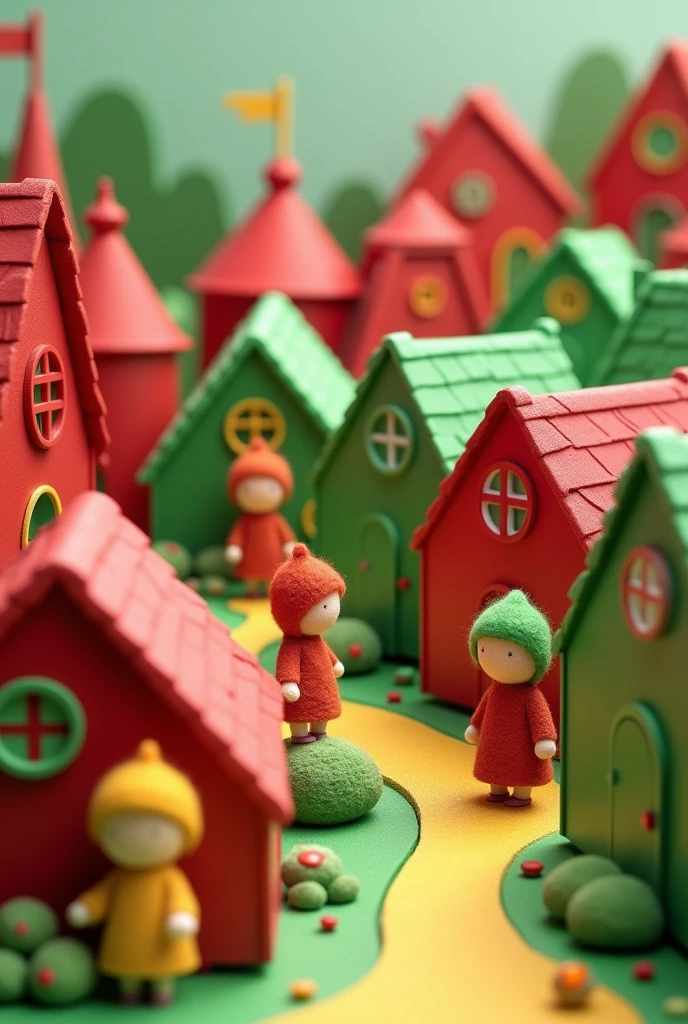 TURURULANDIA A TOY COUNTRY, RED DOLLS NEXT TO THEIR RED HOUSES, GREEN DOLLS IN GREEN HOUSES, AND