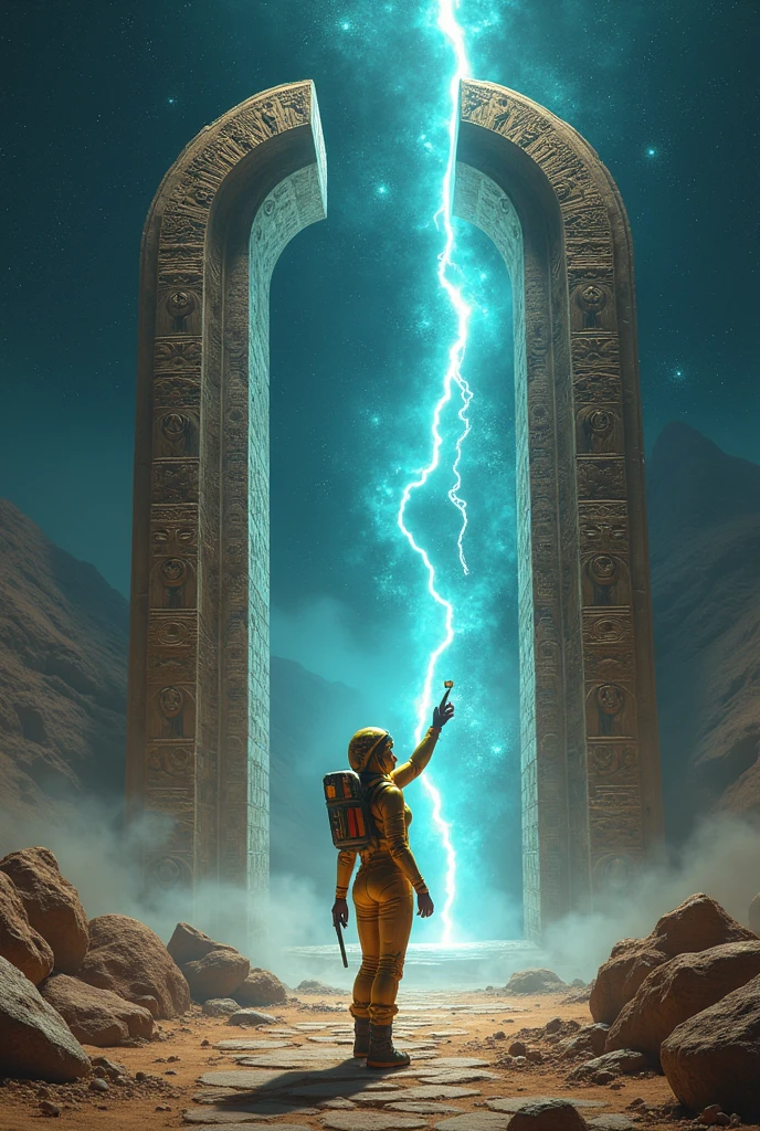 --checkpoint "SeaArt Infinity" --checkpoint "Stable Diffusion 2.1" --lora "Egyptian Art LoRA" --lora "Sci-Fi Concept Art LoRA" --lora "Surrealism LoRA" --lora "Detailed Characters LoRA" --lora "Architectural LoRA" a solitary explorer, with eyes wide open in fascination and determination, holds a luminescent analysis device. His golden spacesuit, adorned with Egyptian hieroglyphs, reflects the intense light from two monolithic infinity-shaped portals, positioned side by side to form a horizontal figure 8. The portals, carved from black and shiny obsidian, emanate a pulsating sapphire-blue energy flow, creating a stellar vortex that distorts the surrounding space-time. Ancient Egyptian hieroglyphs, which seem to narrate a cosmic story, cover the surface of the portals, emitting a soft golden luminescence. Colossal ruins of an ancient alien civilization, with pyramidal and sphinx-like architecture, stretch into the background. The ruins, shrouded in a silver mist, appear to have been built as a stellar sanctuary. The explorer, with an enigmatic smile, points the device at one of the portals, while the fossilized remains of reptilian-like humanoid creatures scattered throughout the ruins testify to the grandeur and decay of a lost civilization. The starry sky, filled with nebulas and supernovas, serves as a backdrop for this epic scene. Artistic style: Egyptian sci-fi with touches of cosmic surrealism. Dramatic lighting, with rays of light cutting through the mist and highlighting the hieroglyphs and geometric shapes of the ruins and portals. The atmosphere is one of mystery and hope, suggesting that the explorer is about to unveil a cosmic secret.