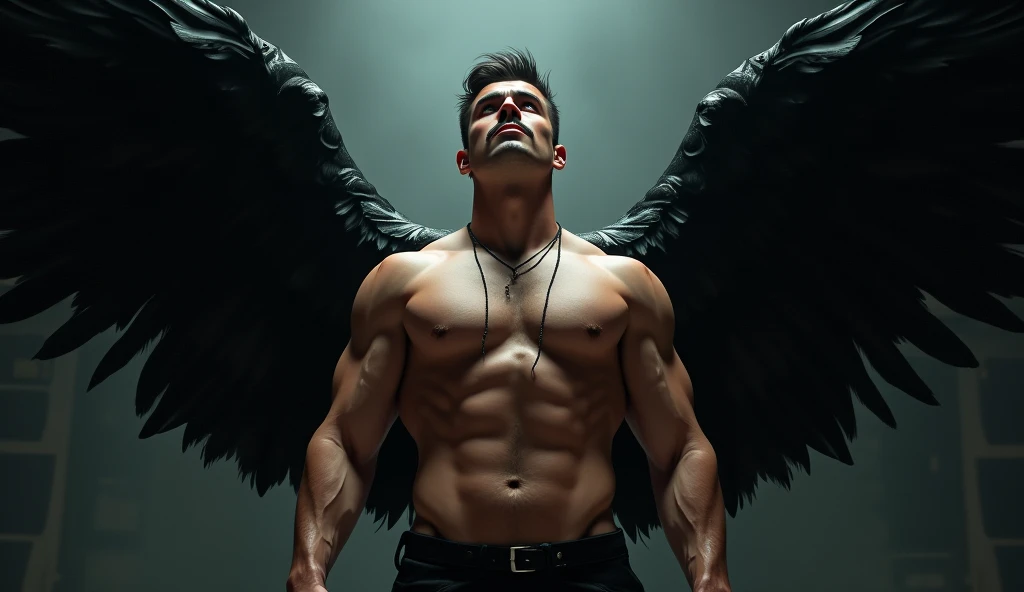 (((angel caido!angel!big black angel wings!Gothic))),perfect composition,!)), ((Unintentionally exposing chest muscles.))body hair, ((hairy chest++)), elegant macho, elegant barbilla de chad, Elegant and attractive, Elegante y elegant, elegant hombre, Attractive man, masculino y elegant, elegant, posing attractive, Attractive man, Attractive man, 35 year old man!Raise your little head,Chimney(first portrait!))(short mustache)head space!Charming and serious look..,(hombre elegant,Dressed in an embarrassing posture,Perfect body anatomy,Beautiful man face detail,perfect foot,perfect hand!Ultra low angle shot!An image of a character with a necklace.., muscular man, realistic muscles, human representation style, Gothic, meritocracy, at the romantic academy, garbage, Aestheticized violence, whole body, dark gym, coloring Waiting to start