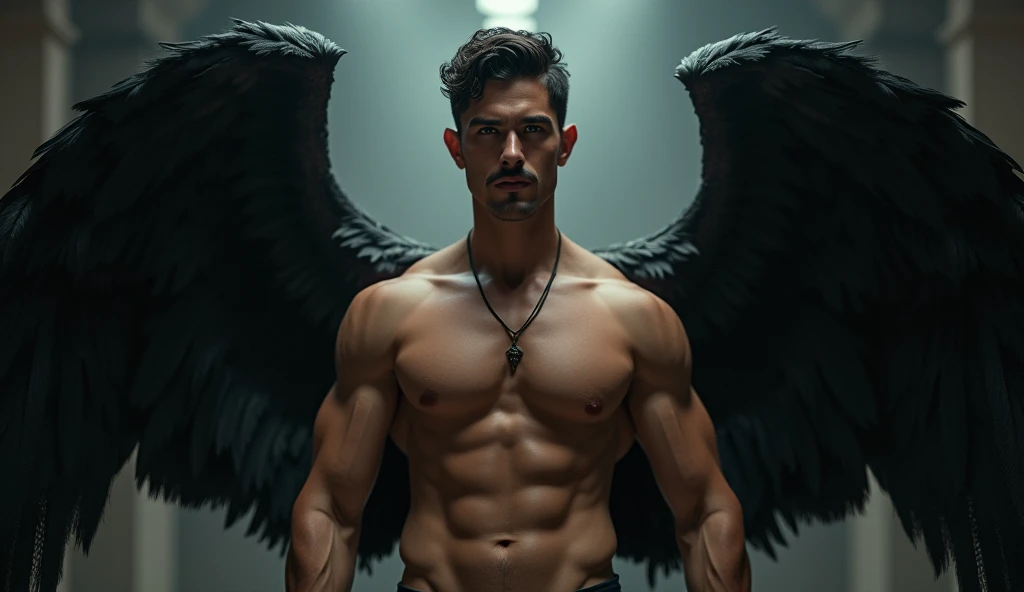(((angel caido!angel!big black angel wings!Gothic))),perfect composition,!)), ((Unintentionally exposing chest muscles.))body hair, ((hairy chest++)), elegant macho, elegant barbilla de chad, Elegant and attractive, Elegante y elegant, elegant hombre, Attractive man, masculino y elegant, elegant, posing attractive, Attractive man, Attractive man, 35 year old man!Raise your little head,Chimney(first portrait!))(short mustache)head space!Charming and serious look..,(hombre elegant,Dressed in an embarrassing posture,Perfect body anatomy,Beautiful man face detail,perfect foot,perfect hand!Ultra low angle shot!An image of a character with a necklace.., muscular man, realistic muscles, human representation style, Gothic, meritocracy, at the romantic academy, garbage, Aestheticized violence, whole body, dark gym, coloring Waiting to start