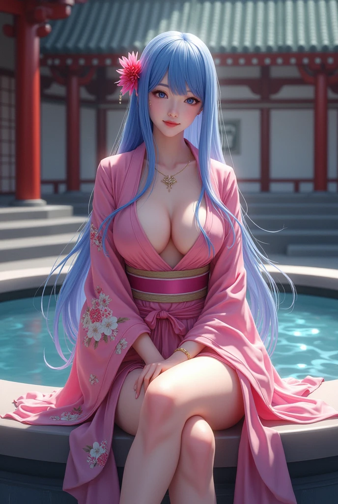 , Pink kimono with flower print, in a Japanese temple with a fountain, long blue hair ,sitting on the fountain, legs crossed, happy, pink panties, exposed chest, exposed shoulders, exposed collarbone