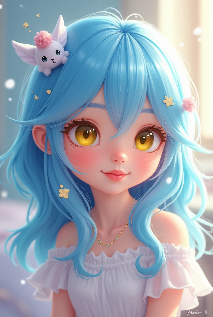 Light blue hair, yellow eyes, cute
