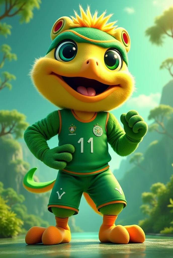 A mascot for a green-colored gymkhana with the word " green team" In Portuguese
