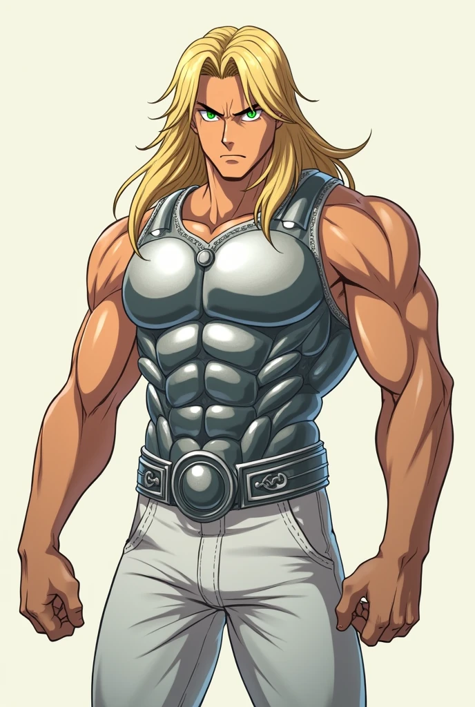 fair-skinned male, greeneyes, angry look, blonde hair long, wearing a white tank top, wearing white pants, wearing silver chest armor, Knights of the Zodiac style, anime styling, Full-body image