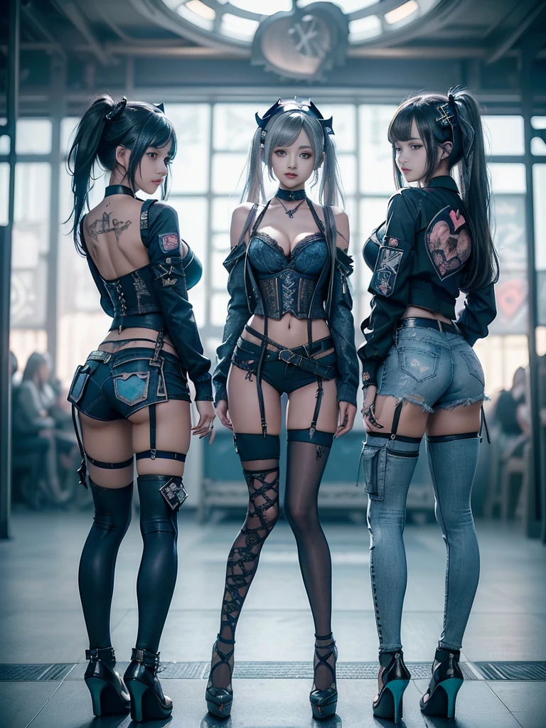 (Three Girls, 3 girls:1.5)、(Full Body View:1.2)、(Back view:1.4)、(Smiling with teeth showing:1.3),(Shibuya Gal:1.5)、(Beautiful:1.4)、(Neo-Goth Fashion:1.5)、(Punk RockVisual Kei:1.3)、(Futuristic turquoise, denim and navy blue bodysuit:1.5)、(Delicate denim and turquoise cardigan:1.5)、(Gorgeous decorated corset:1.4)、(Navy denim garter belt:1.5)、(Delicate denim, navy and black cargo pants:1.3)、(Heart-shaped silver accessories:1.5)、(Brown Skin Belt:1.4)、(Blue High Heels:1.4)、(Lace underwear:1.4)、20-year-old、Browsing Caution,((Highest quality、In 8K、masterpiece:1.3))、Sharp focus:1.2、(Layered Cut、Huge breasts:1.1),Beautiful woman with perfect figure:1.4、(Dance vigorously:1.3)、Slim Abs:1.2、Butt、Highly detailed face and skin texture、Fine grain、double eyelid,(Twin tails:1.3)、(Brownish golden hair:1.3)、Obscene、Idol Sculpture、(The three of them are posing together:1.3)、(In the background is a gorgeous medieval metropolis on a sunny day:1.3)、(Slimming your legs:1.4)、(The body is slim:1.3)、(clavicle:1.1)