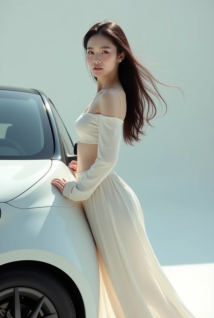 beautiful korean woman leaning against white Twingo.