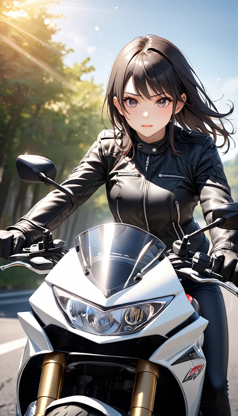 Beautiful female motorcyclist wearing black leather jacket.Domineering temperament,Full of confidence and dignity.Cold and indifferent expression,Exuding an aura of inviolability。Riding a motorcycle demonstrates his outstanding leadership skills。perfect composition.best quality、High resolution、、sharpest focus、Hyper-realistic photos、Super accurate photos、Depth of Field、perfect anatomy，and texture details、Bright and fresh filter light and shadow、Scenery background、dream