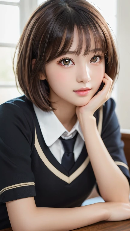 ((masutepiece)), ((Best Quality)), (Ultra-detailed), ((Extremely detailed)), 4K, (8K), Best Quality, (Beautiful), Gradation, (masutepiece, Best Quality:1.2), 8K, 18year old, 85 mm, Official art, Raw photo, absurderes, White dress shirts, Pretty Face, close up, Upper body, violaceaess, gardeniass, Beautiful Girl, School uniform, (Navy pleated skirt:1.1), Cinch West, thighs thighs thighs thighs, Short sleeve, short-hair、atlibrary, Looking at Viewer, No makeup, (Smile), Film grain, chromatic abberation, Sharp Focus, face lights, clear lighting, Teen, Detailed face, Bokeh background, (dark red necktie:1.1)、medium breasts