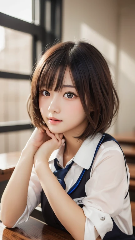 (Tabletop:1.3), (8k, Realistic, RAW Photos, Highest quality: 1.4), Japanese, (One Girl), Beautiful Face, (Realistic Face), (Black Hair), Beautiful hairstyle, Realistic eyes, Beautiful attention to detail, (Realistic Skin), Beautiful Skin, Charm, Ultra-high resolution, Surreal, Very detailed, Golden Ratio,school uniform.blush、Bobcut、Loose and fluffy hairstyle
