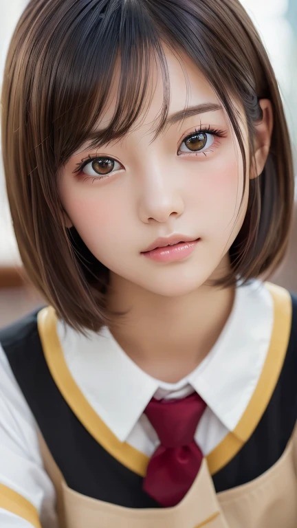 (Tabletop:1.3), (8k, Realistic, RAW Photos, Highest quality: 1.4), Japanese, (One Girl), Beautiful Face, (Realistic Face), (Black Hair), Beautiful hairstyle, Realistic eyes, Beautiful attention to detail, (Realistic Skin), Beautiful Skin, Charm, Ultra-high resolution, Surreal, Very detailed, Golden Ratio,school uniform.blush、Bobcut、Loose and fluffy hairstyle