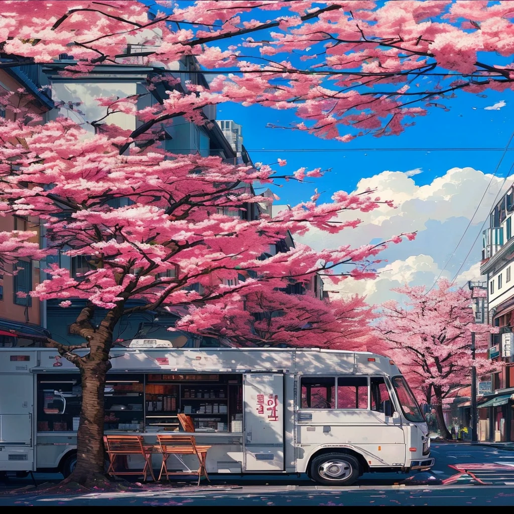 There is a white truck parked on the side of the road, by Jeonsuk Lee, Beautiful aesthetic art, Lush cherry blossoms, amazing art style, beeple and james jean, city of spring season, Cherry blossom season, Korean artist, beautiful digital images, from Kamagurka, beautiful detailed pixel graphics, anime background art, Tokyo, Anime scene, just a joke