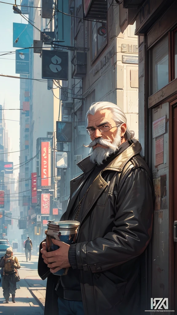 painting of a man with a mustache and beard, photorealistic painting by Ludwik Konarzewski Jr.., trending on artstation, Street art, very realistic digital art, beeple and jean giraud, Vadim Kashin. ultra realistic, stunning digital art, cyberpunk, old man, Incredible digital art, very realistic digital art