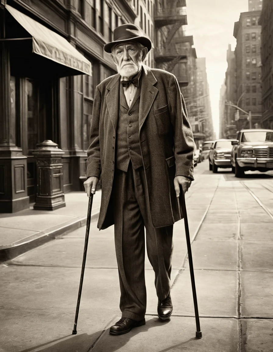 A portrait of an old man with a cane walking on the streets of New York, tom sepia, early 1900s style, photorrealistic, high resolution, 1900s