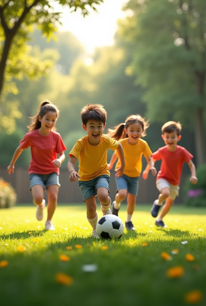 A family playing soccer 
