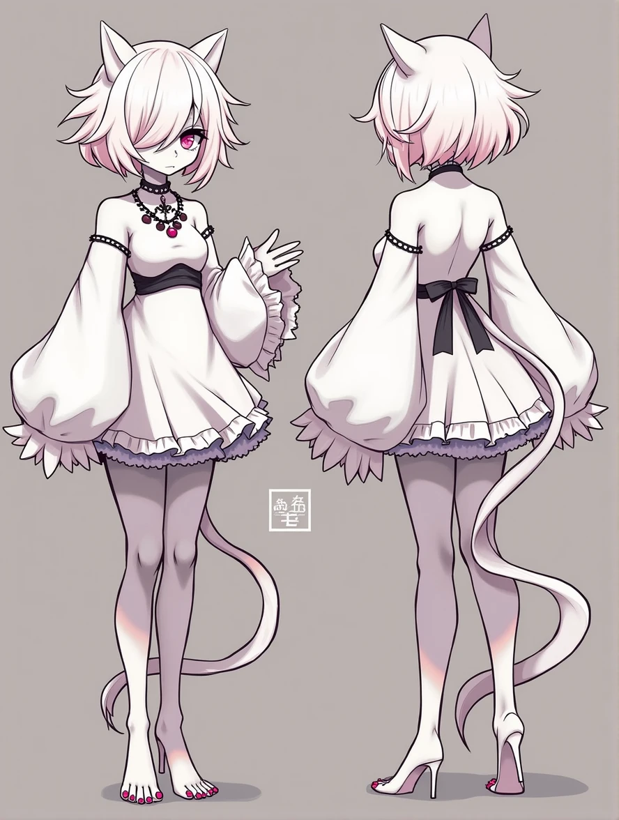 Monster girl, pale white skin, pink eyes, big hair over one eye, long tail, smooth skin, multiple views, concept art, character data sheet